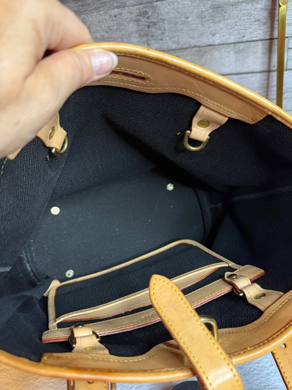 Vintage Dooney & Bourke USA Canvas Bucket Tote British Tan Leather Duck Tag